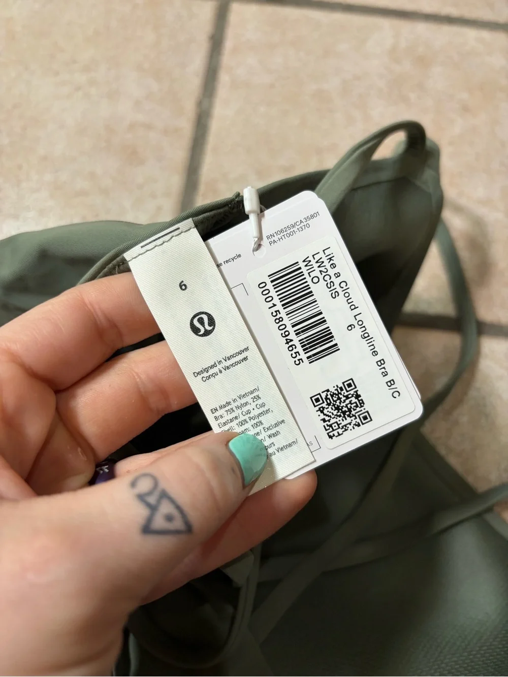 NWT Lululemon Like a Cloud Longline Bra *B/C Cup (Willow Leaf) Size 6